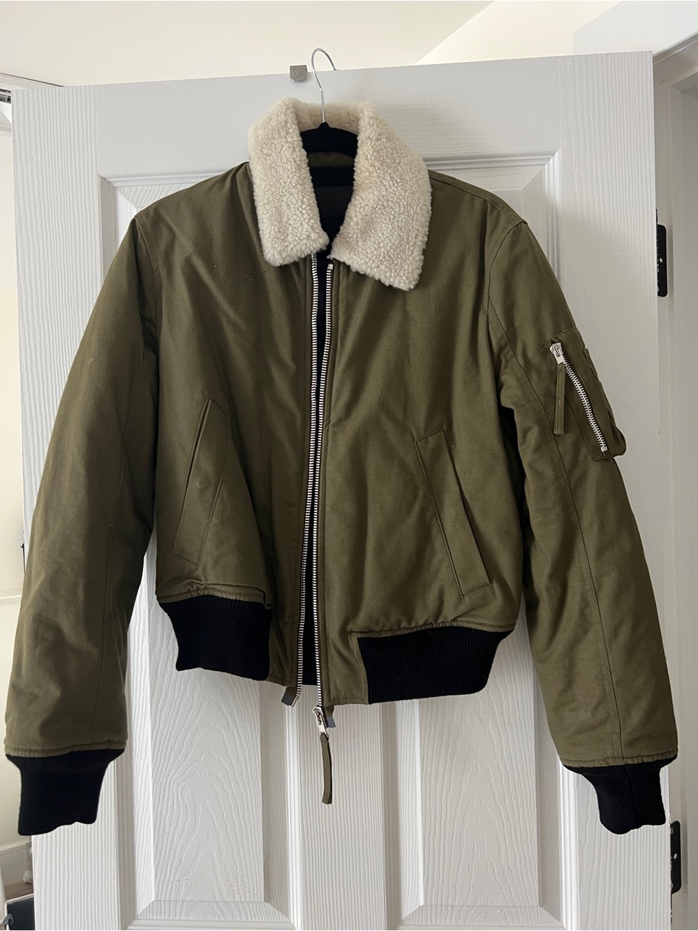 Helmut Lang Olive Bomber Jacket with Cream Shearling Collar